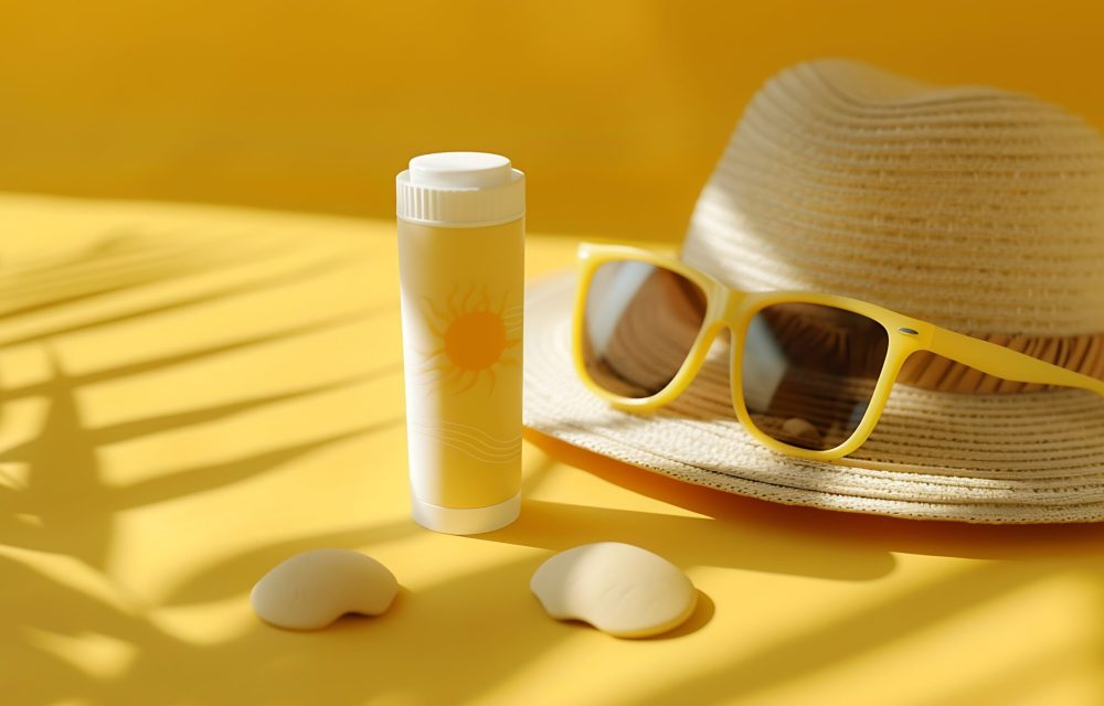 sunscreen-tube-mockup-with-sunglasses-panama-hat-sand-molds-baby-sun-protection-generative-ai_0